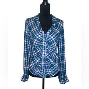 Anthropologie Pilcro Ruched Deep-V Plaid Top Size M